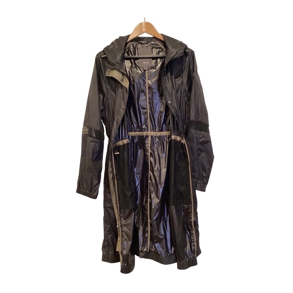 Vera Wang Black Hooded Longline Jacket Raincoat Windbreaker Shiny - Large - Picture 3 of 8